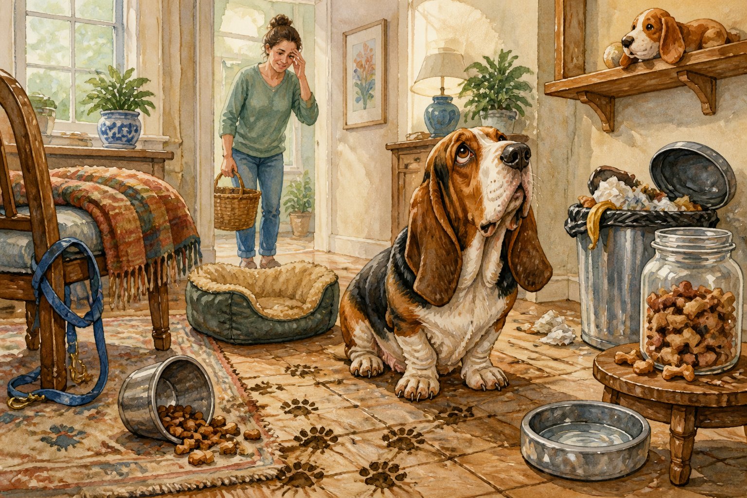 A basset hound sits in a cozy home surrounded by several everyday care mishaps, while its owner notices and addresses them.