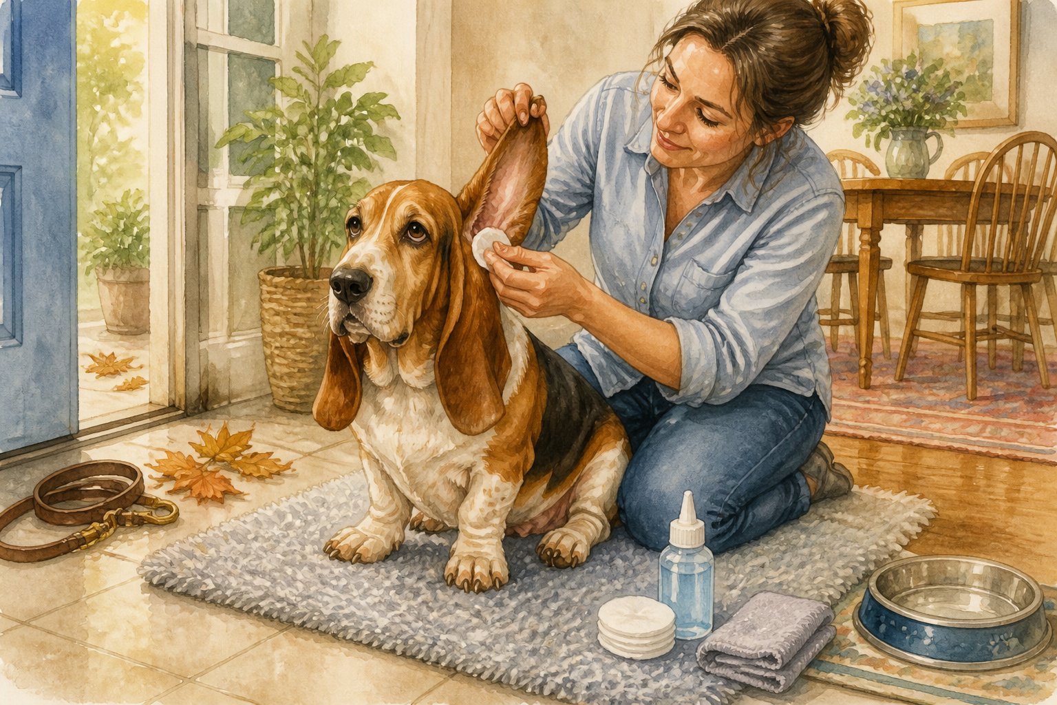 A Basset Hound sits calmly while its owner gently checks and cleans one floppy ear.