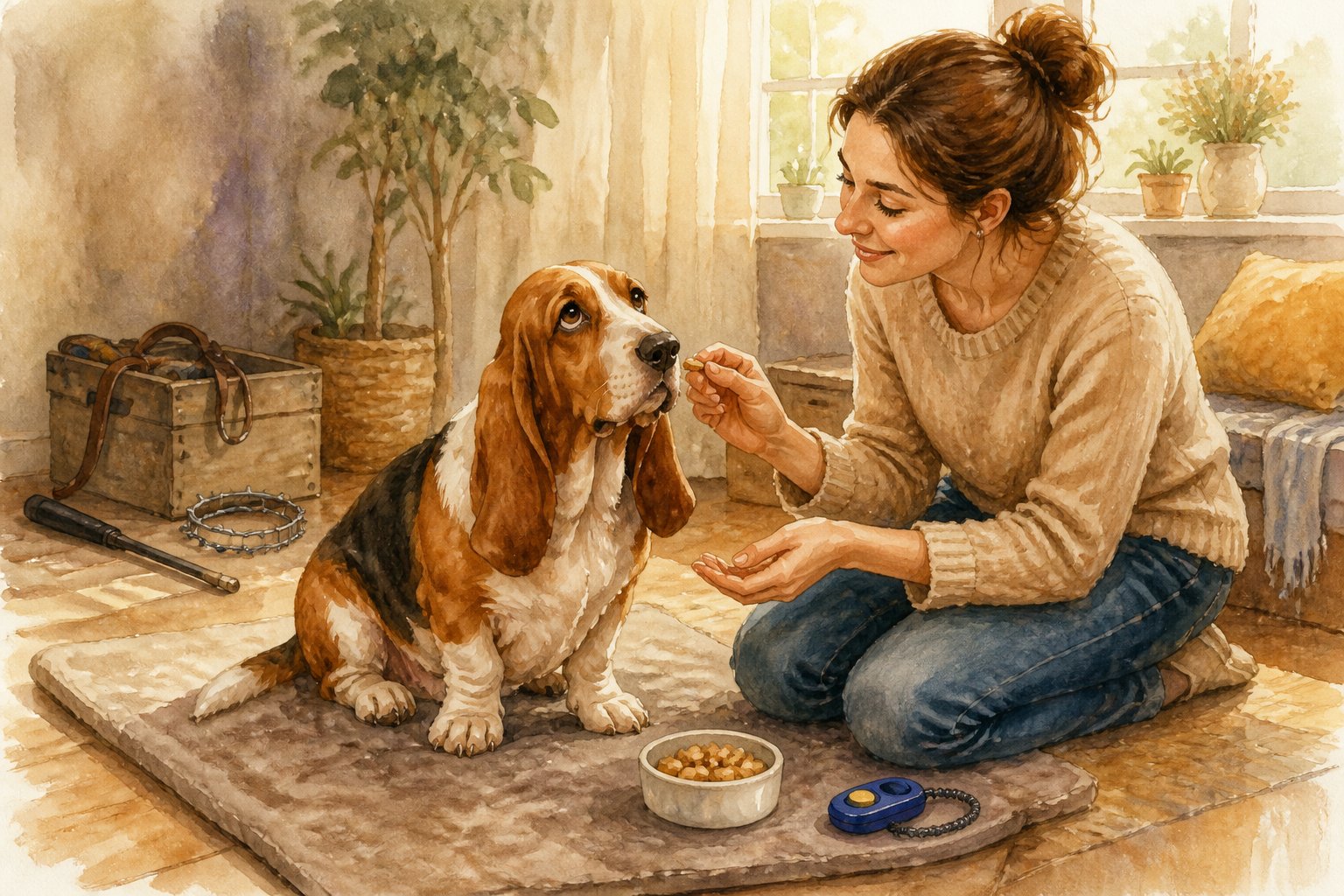 A Basset Hound receives a treat and gentle encouragement from its owner during a calm training session.