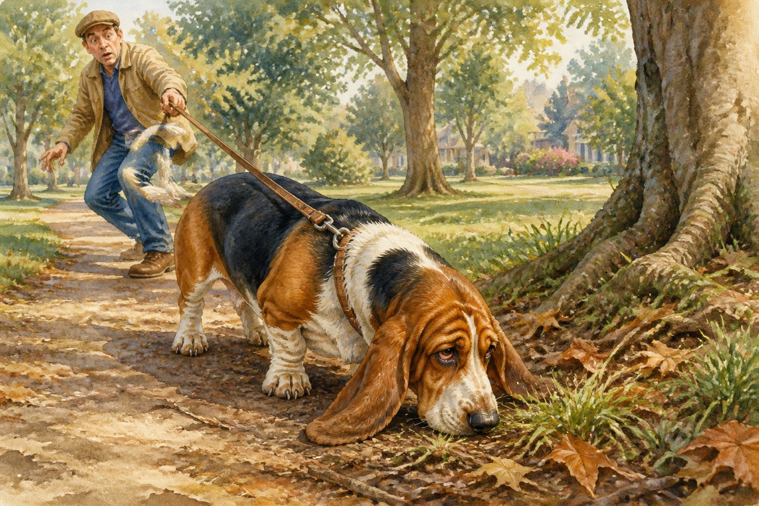 A Basset Hound follows a scent along a park path while its surprised owner is gently pulled along by the leash.