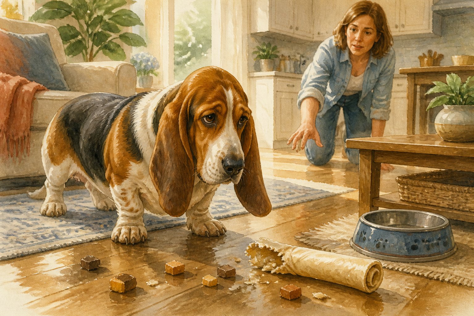 A Basset Hound watches a rawhide chew and small food pieces on the floor while its owner moves to remove them.
