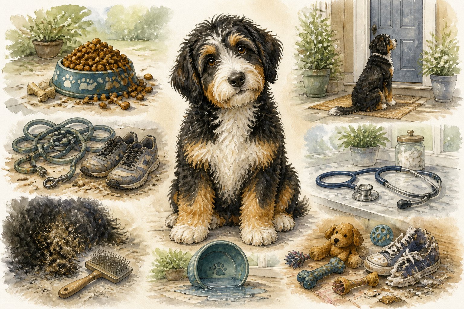 A Bernedoodle sits at the center of a home scene surrounded by objects symbolizing common pet-care mistakes.