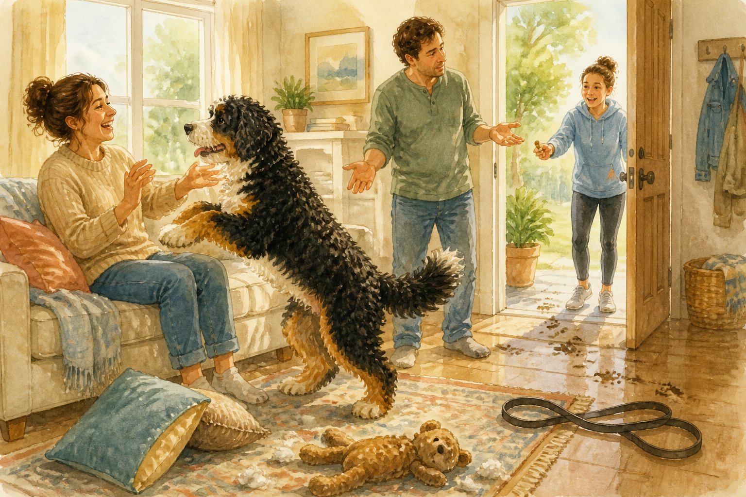 A Bernedoodle jumps toward one family member while another calls it back from near the doorway, leaving the dog confused.