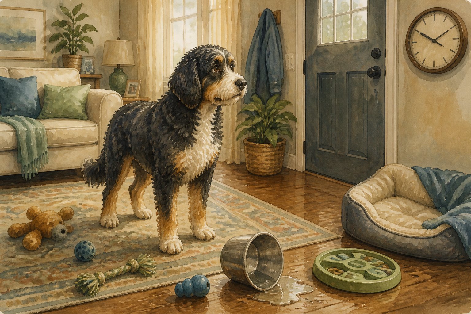 A Bernedoodle waits anxiously near a closed front door in a cozy home surrounded by scattered toys and an untouched puzzle feeder.