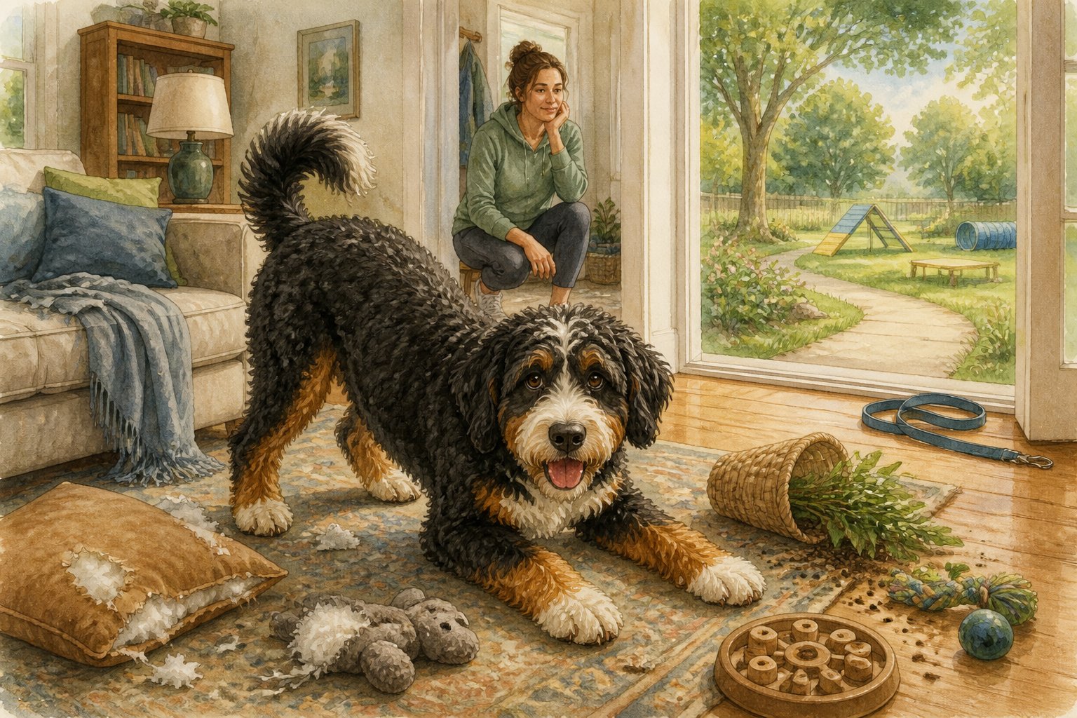 A restless Bernedoodle waits indoors while its owner prepares to provide more exercise and enrichment.