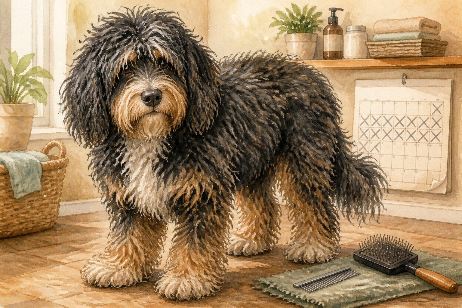 A Bernedoodle with an overgrown, tangled coat stands beside unused grooming tools in a home.