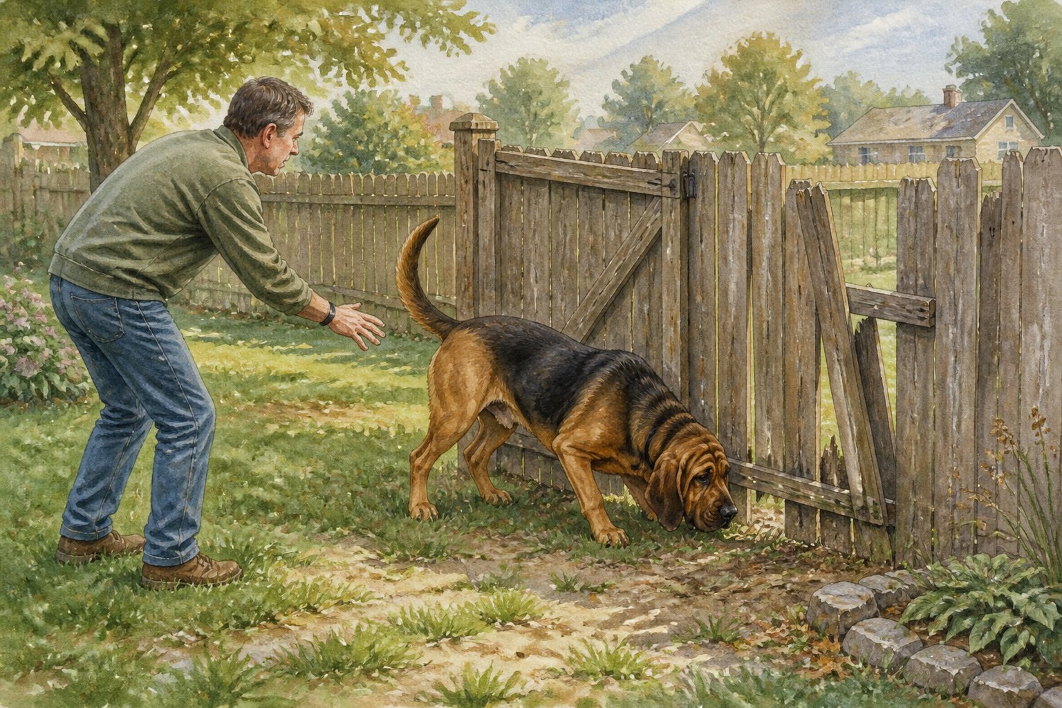 A Bloodhound investigates a gap beneath a damaged backyard fence while its concerned owner reaches toward it.
