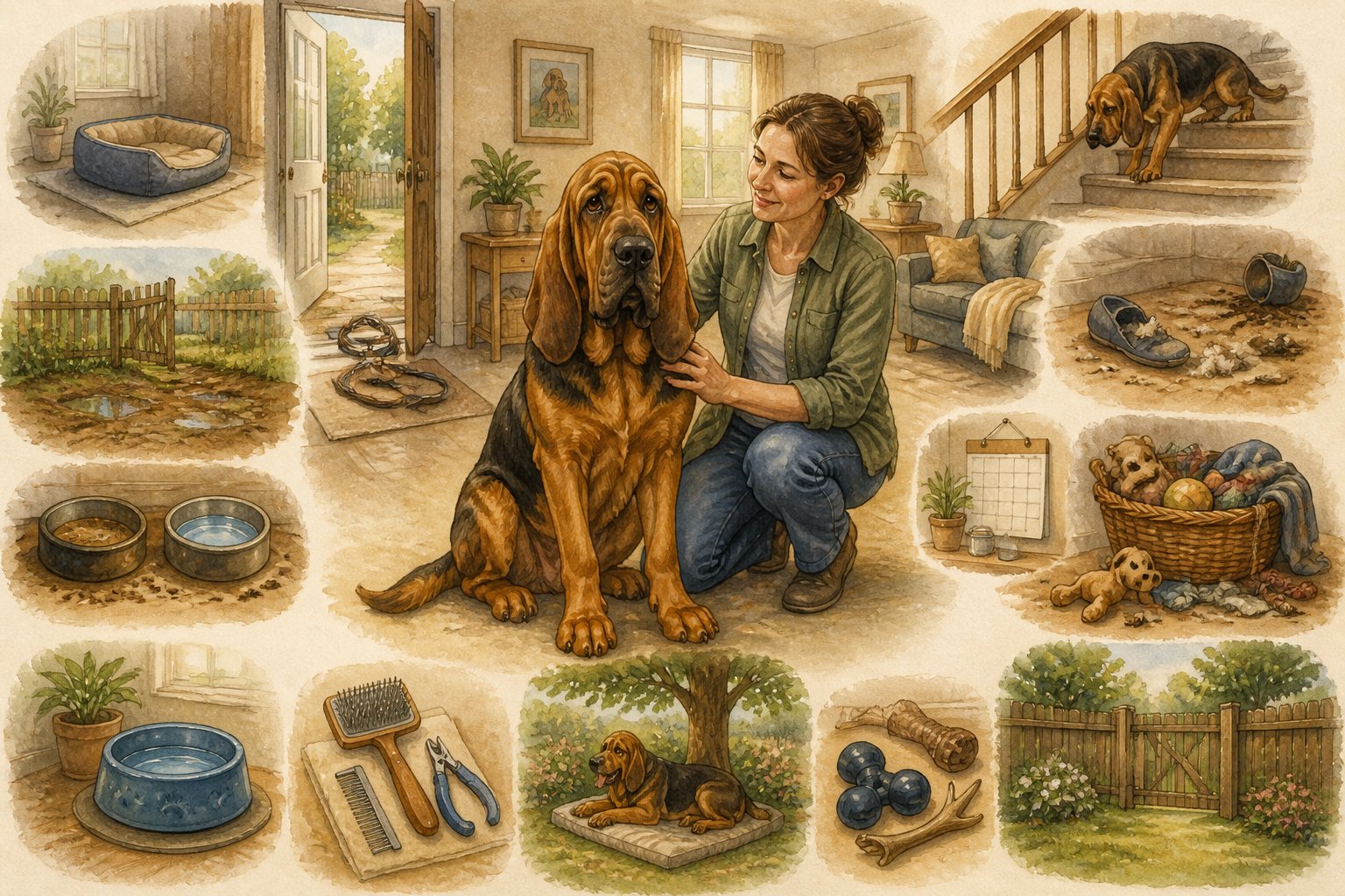 A Bloodhound sits in a home and garden surrounded by visual reminders of care, training, grooming, safety, and companionship.