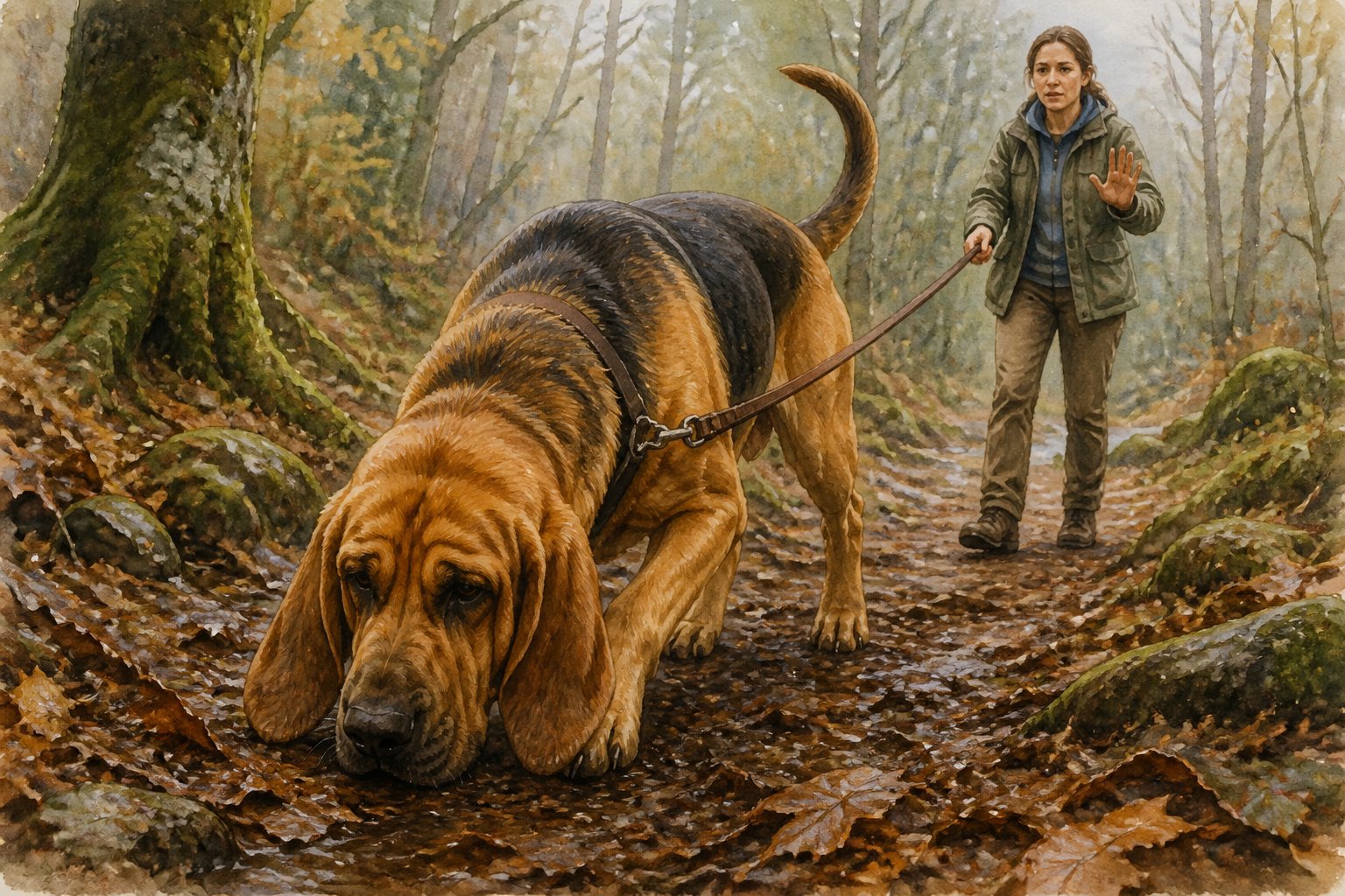 A Bloodhound follows a scent along a forest trail while its owner tries to regain its attention.