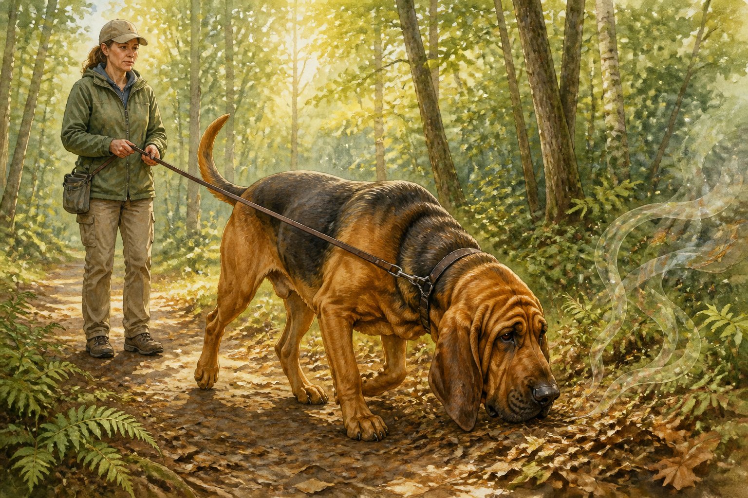 A handler pauses with a Bloodhound on a leash as the dog investigates a scent on a forest path.
