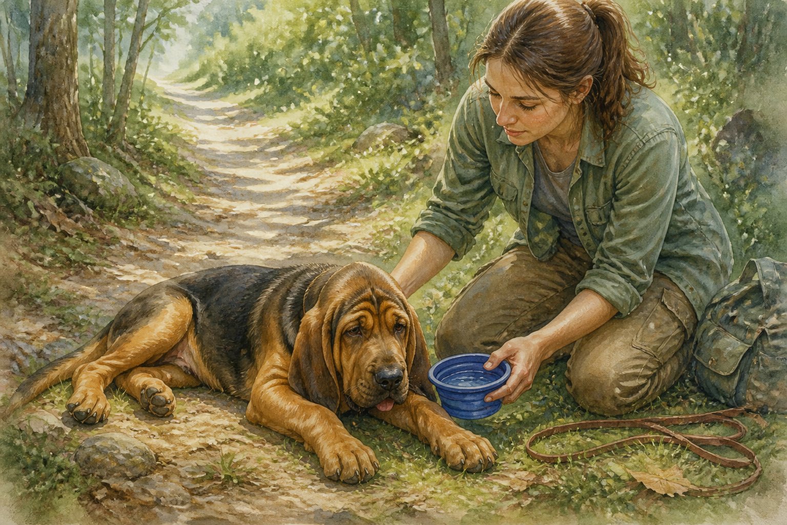 A tired Bloodhound puppy rests on a woodland trail while its concerned owner offers it water.