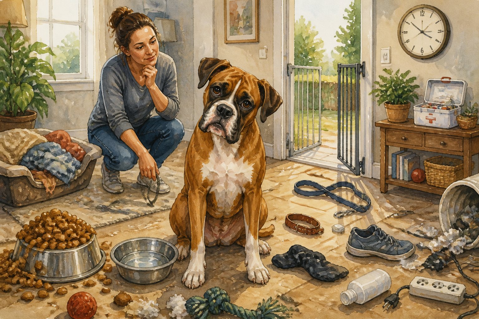 A Boxer dog sits in a home surrounded by signs of several care mistakes while its owner begins to correct them.