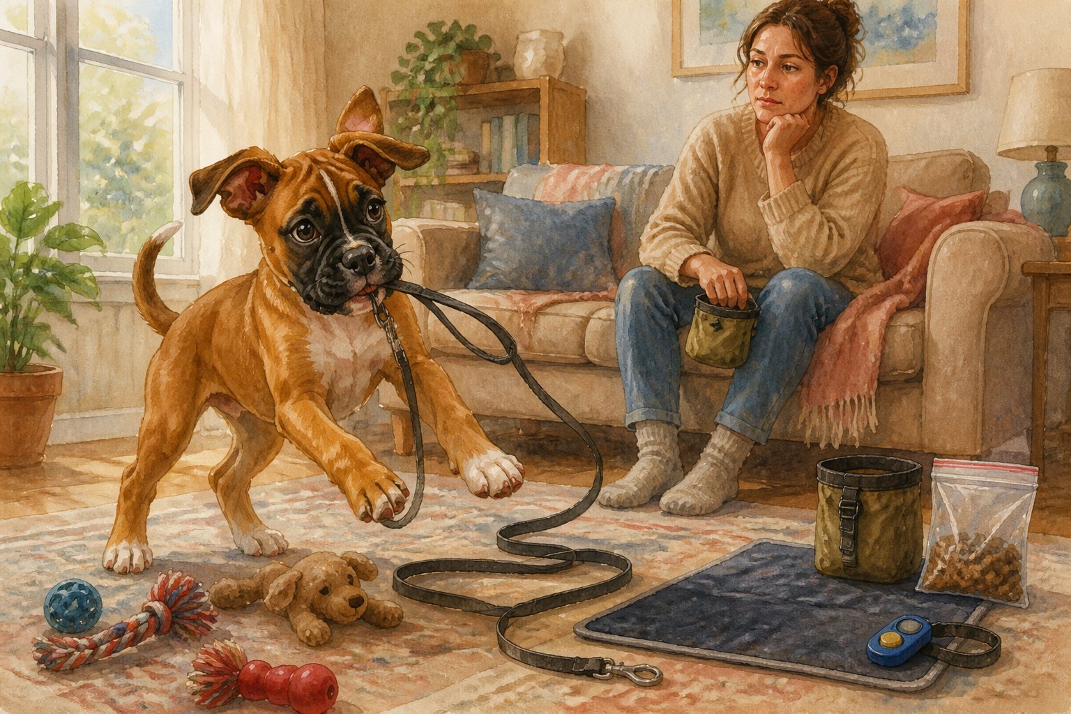 An energetic Boxer puppy plays near a leash while its hesitant owner delays beginning a training session.