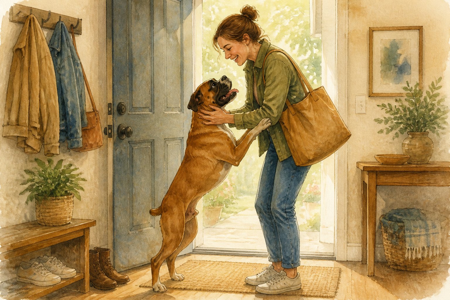 A Boxer dog jumps up to greet its owner at the front door while the owner gives it attention.