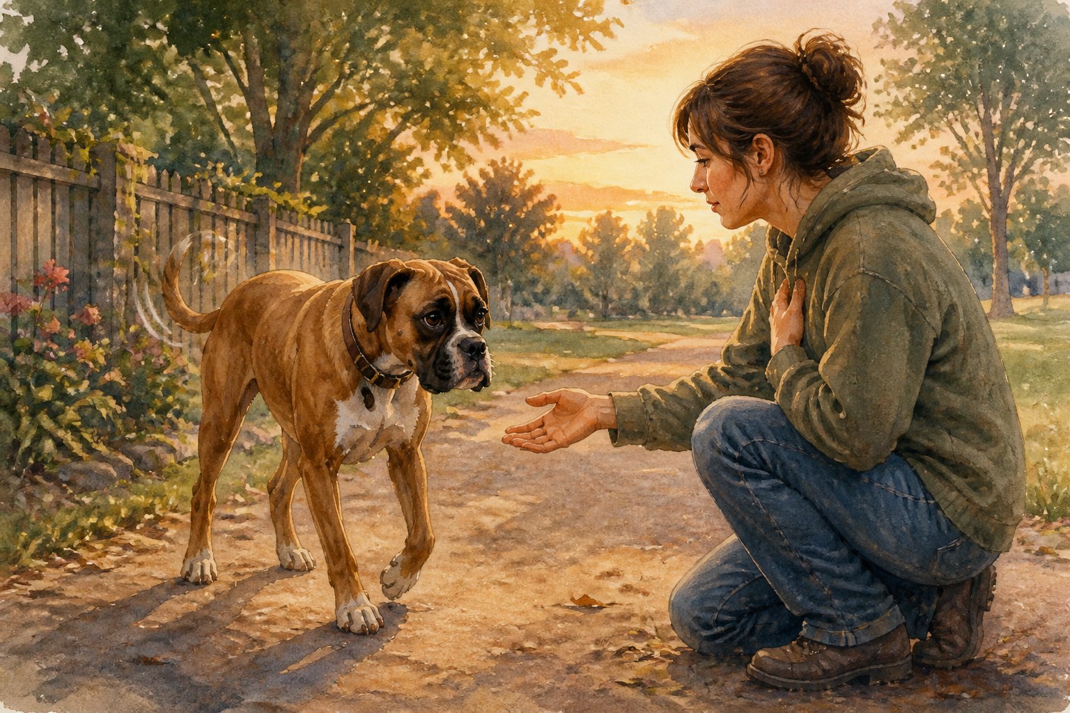 A Boxer dog returns to its owner in a park, where the owner calmly reaches out to welcome it.