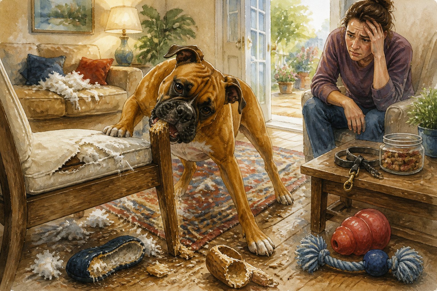 A Boxer dog chews a wooden chair in a living room filled with damaged household items while its concerned owner watches.