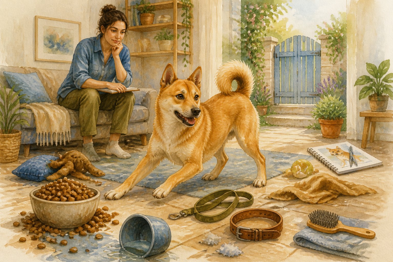 A Canaan Dog stands in a home and garden surrounded by objects suggesting common care mistakes, while a concerned owner looks on.