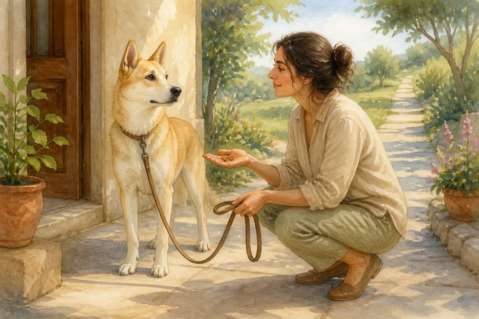 A Canaan Dog alerts near a doorway while its owner calmly redirects it with treats and reassurance.