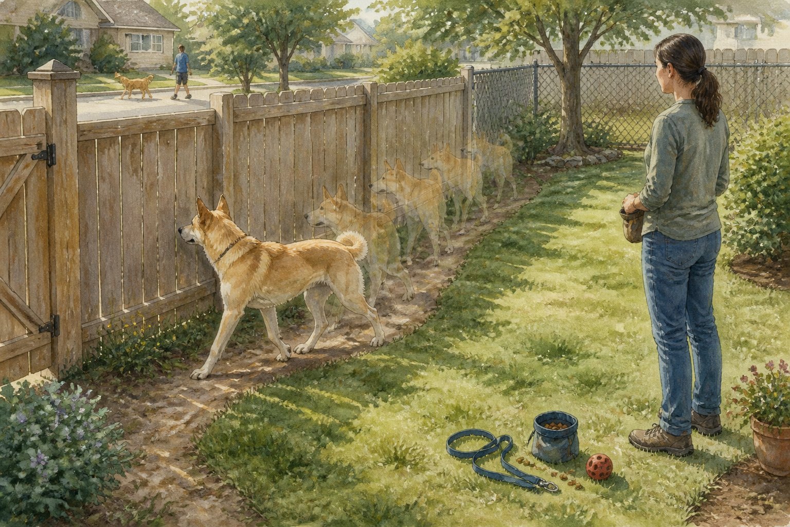 A Canaan Dog repeatedly patrols the inside of a backyard fence while its owner watches nearby.