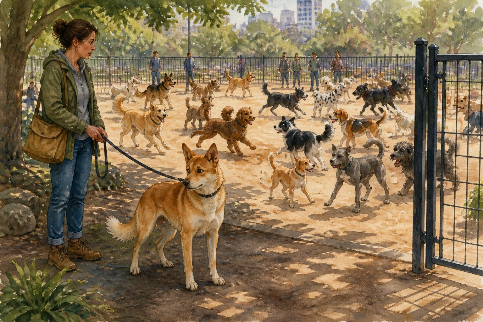 A cautious newly adopted Canaan Dog stands with its owner beside a crowded dog park filled with unfamiliar playing dogs.
