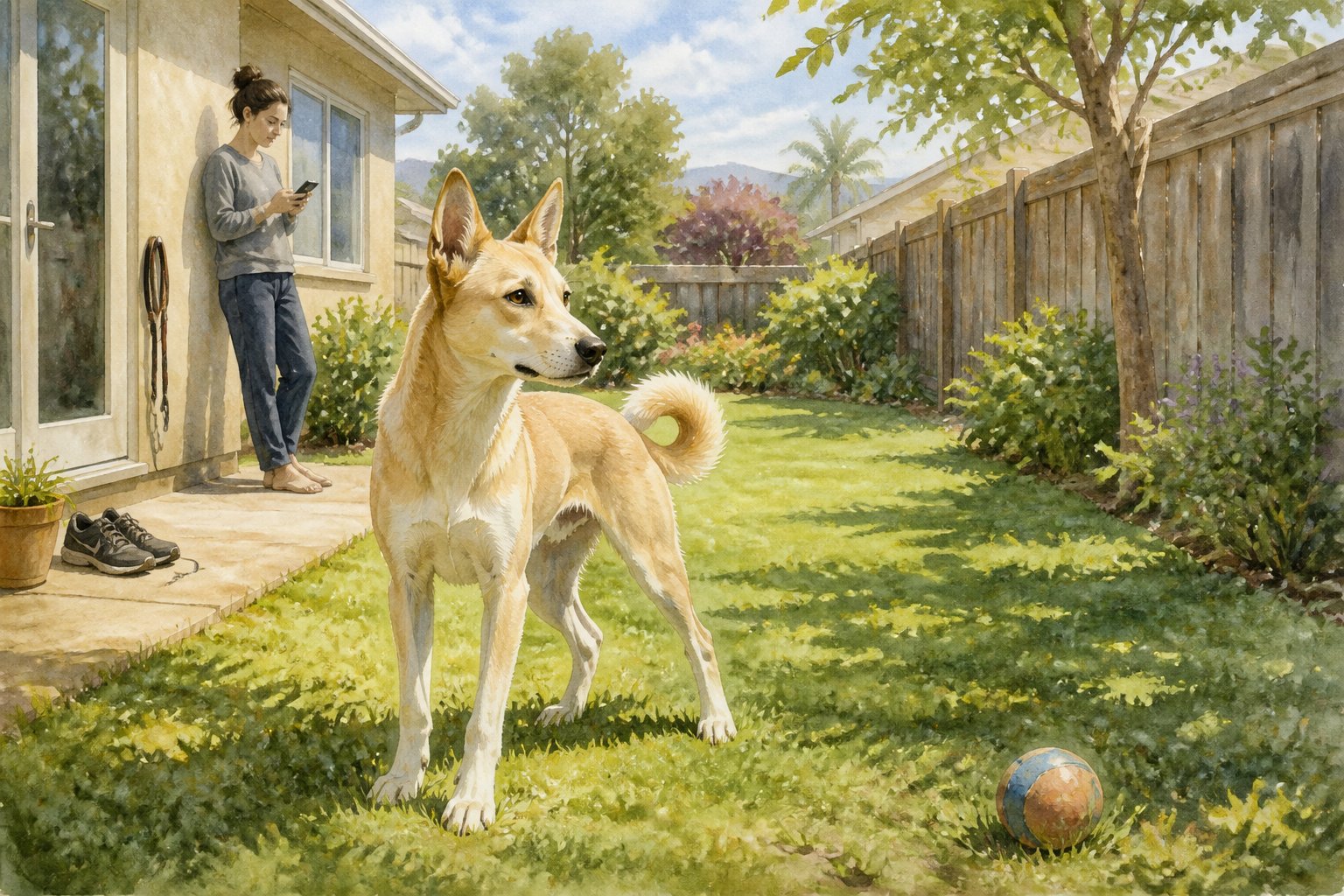 A Canaan Dog waits attentively in a backyard beside an unused leash and ball while its owner remains near the house.
