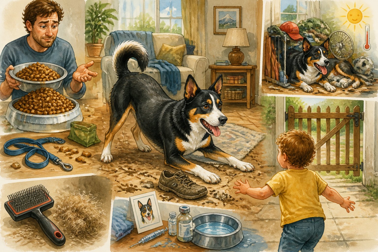 An Appenzeller Sennenhund sits in a busy home surrounded by visual clues of inadequate exercise, feeding, training, grooming, supervision, and care.