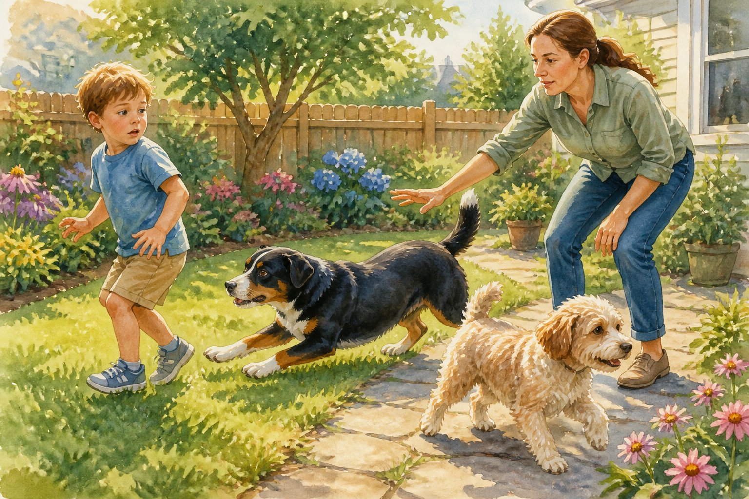 An adult redirects an Appenzeller Sennenhund as it tries to herd a child and a small dog in a backyard.