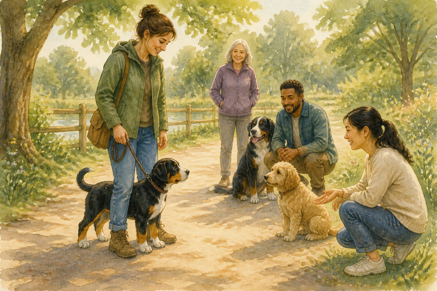 A reserved Appenzeller Sennenhund puppy cautiously meets friendly people and dogs in a peaceful park while its owner offers reassurance.