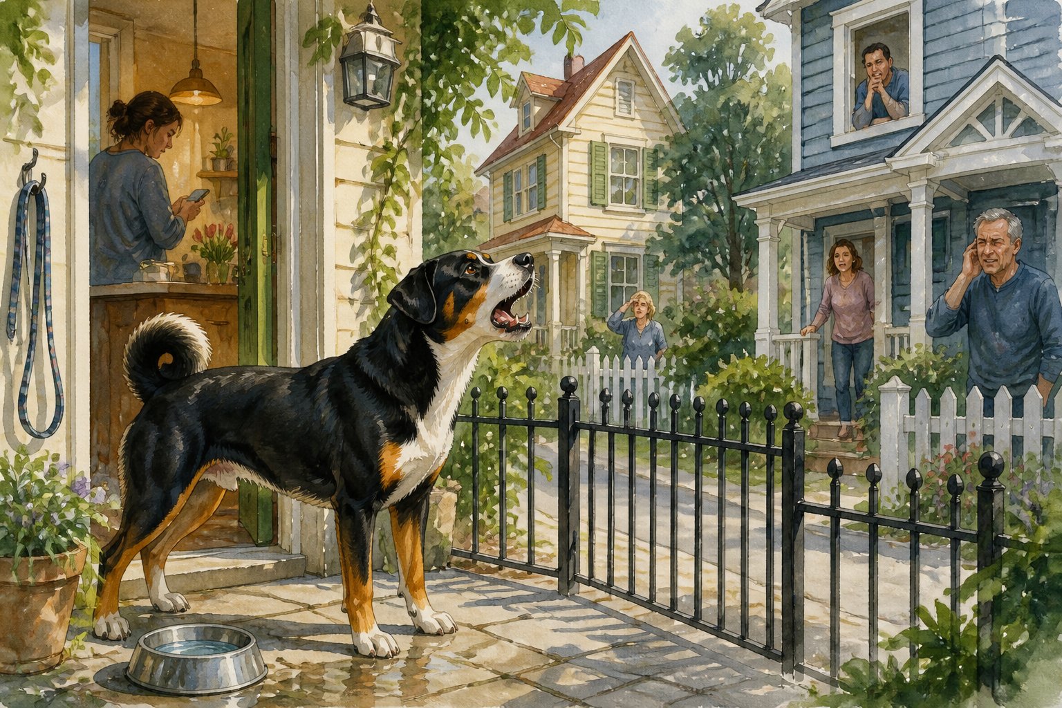 An Appenzeller Sennenhund barks outside a home while concerned neighbors react and the distracted owner remains unaware.