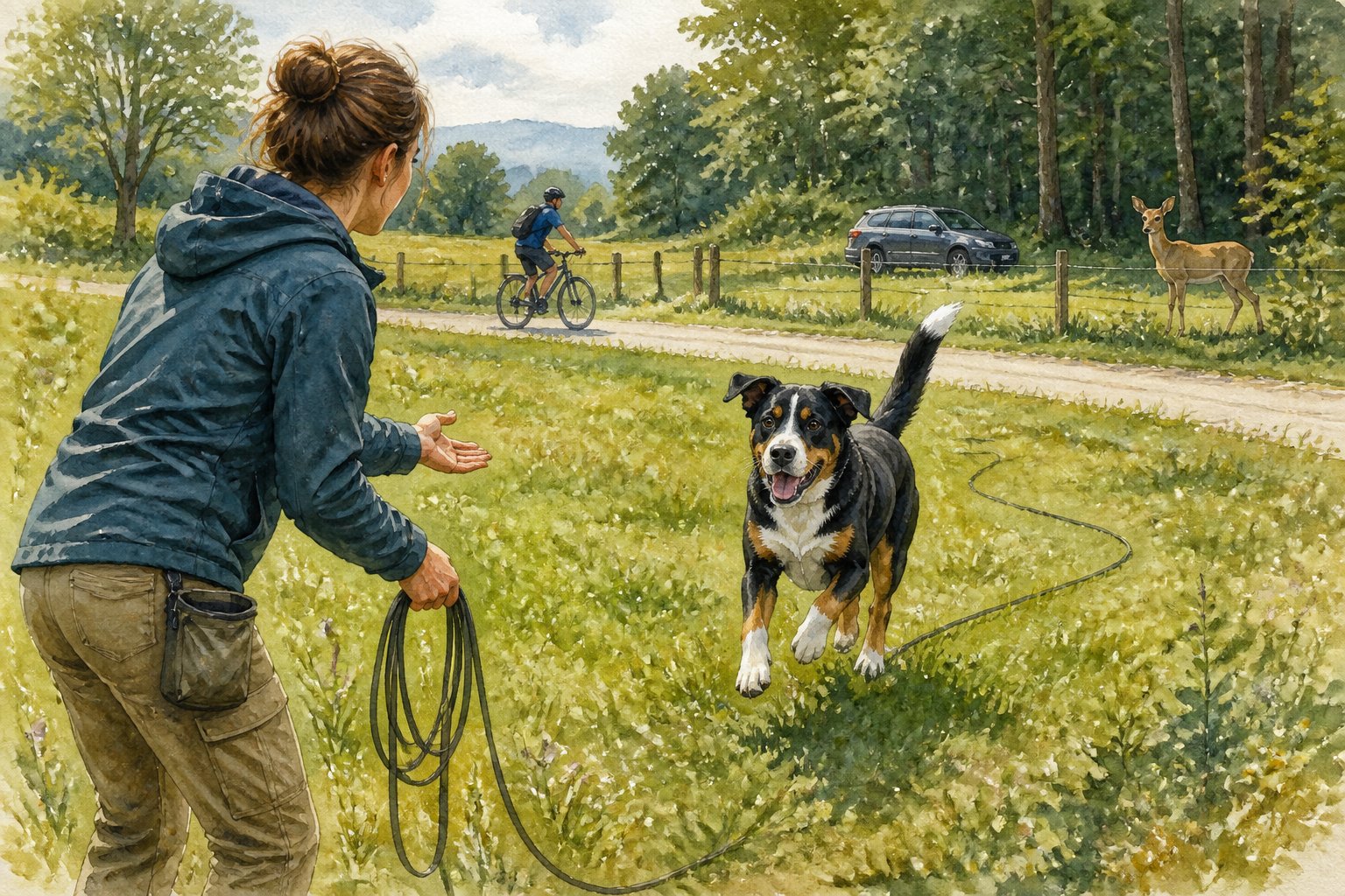 An Appenzeller Sennenhund runs back to its handler in a meadow while a cyclist, car, and deer remain safely in the background.