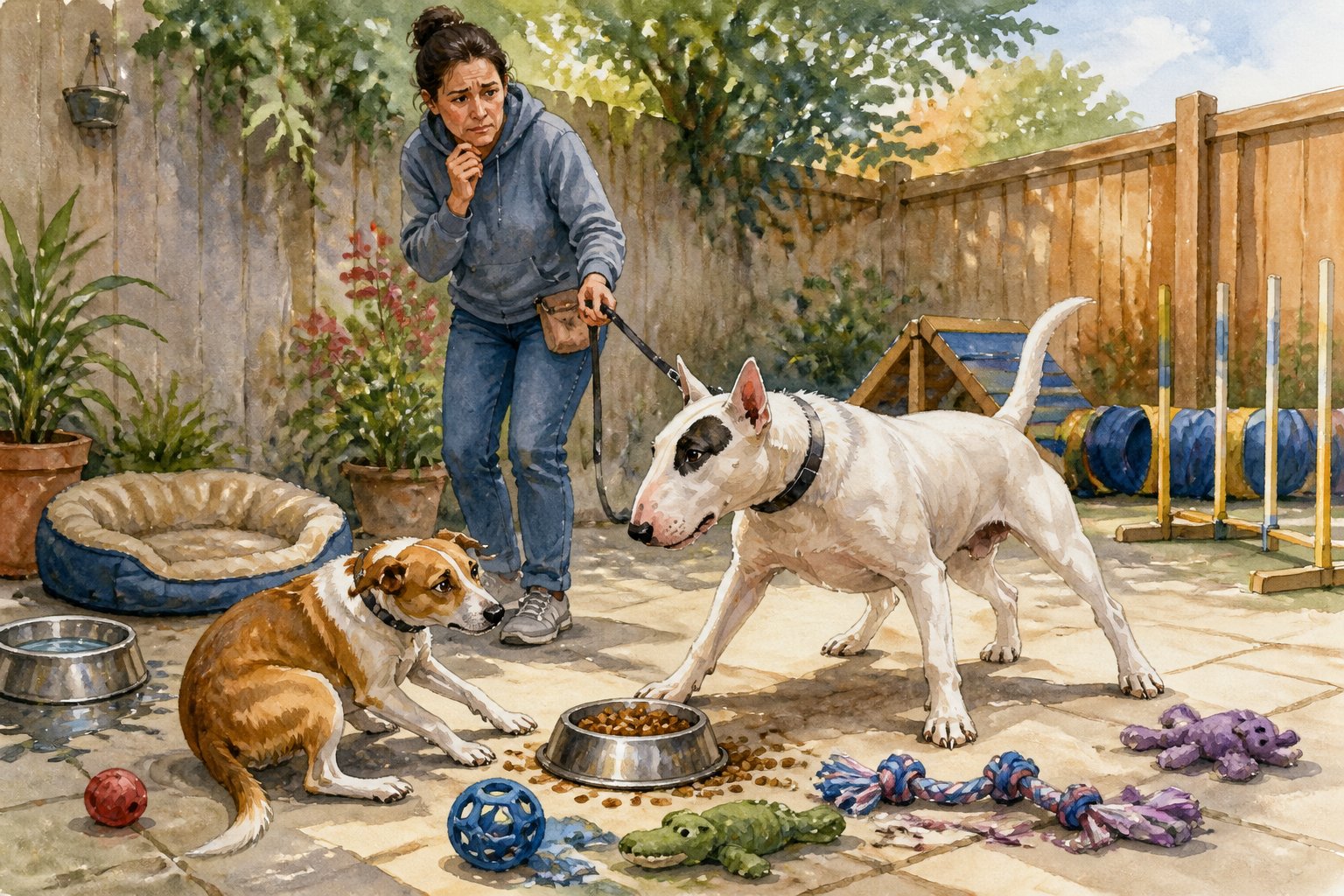 An owner hesitates as a tense terrier confronts a smaller dog near food and toys in a home training area.