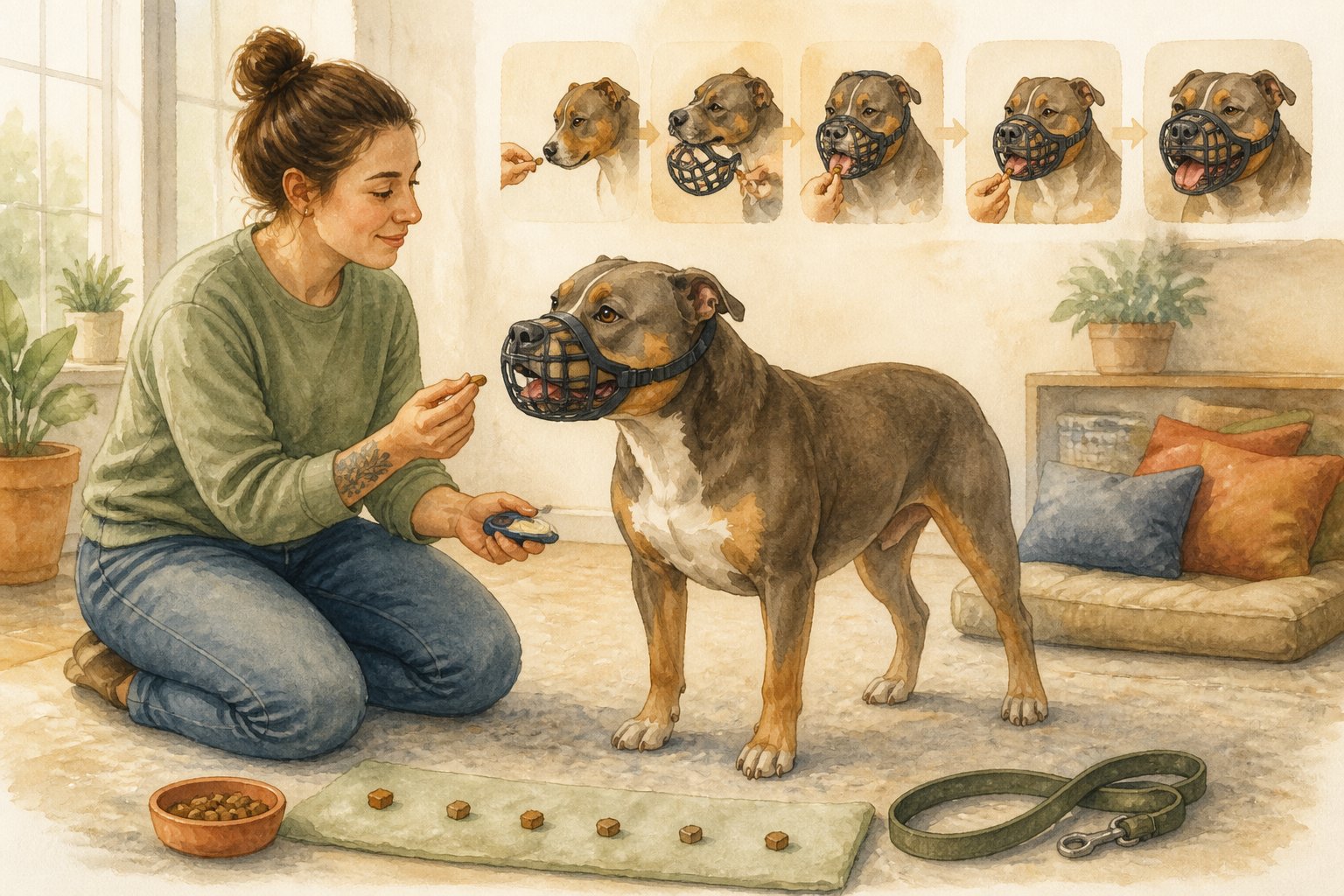 A handler calmly rewards a bully-type terrier wearing a properly fitted basket muzzle during training.
