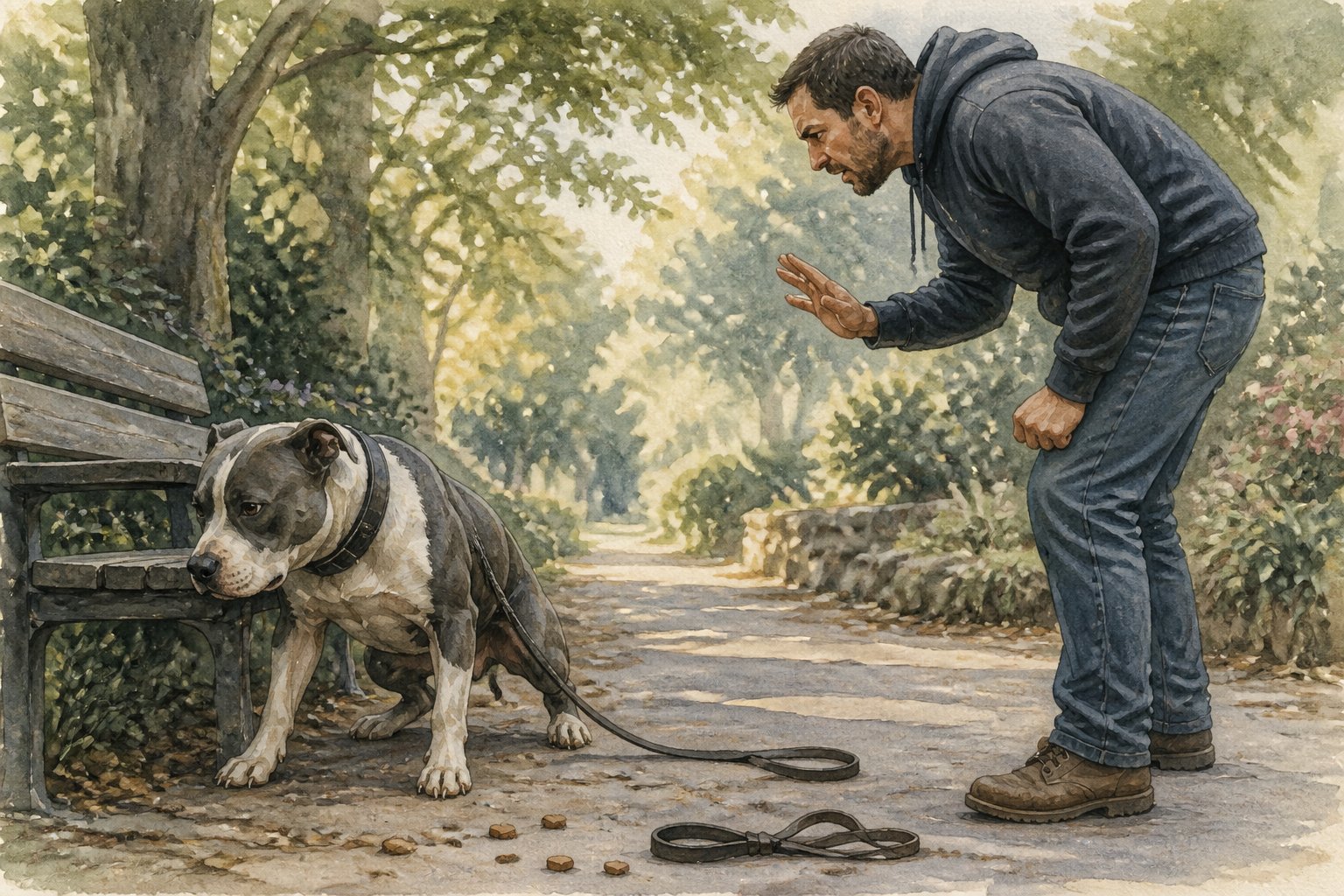 A stressed terrier turns away from a frustrated handler during a tense training session outdoors.