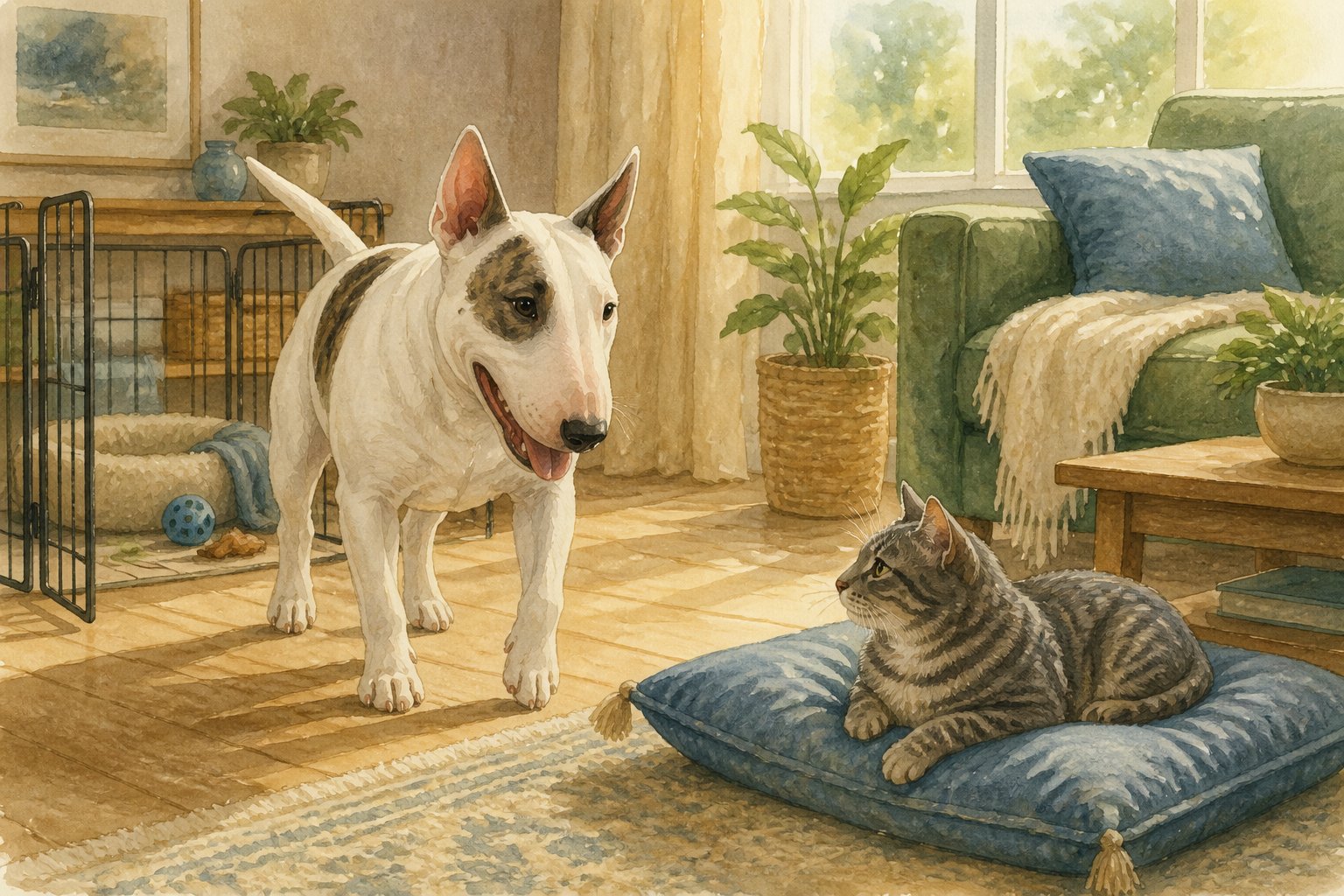 A Bull Terrier stands near a small tabby cat in a living room without a person supervising them.