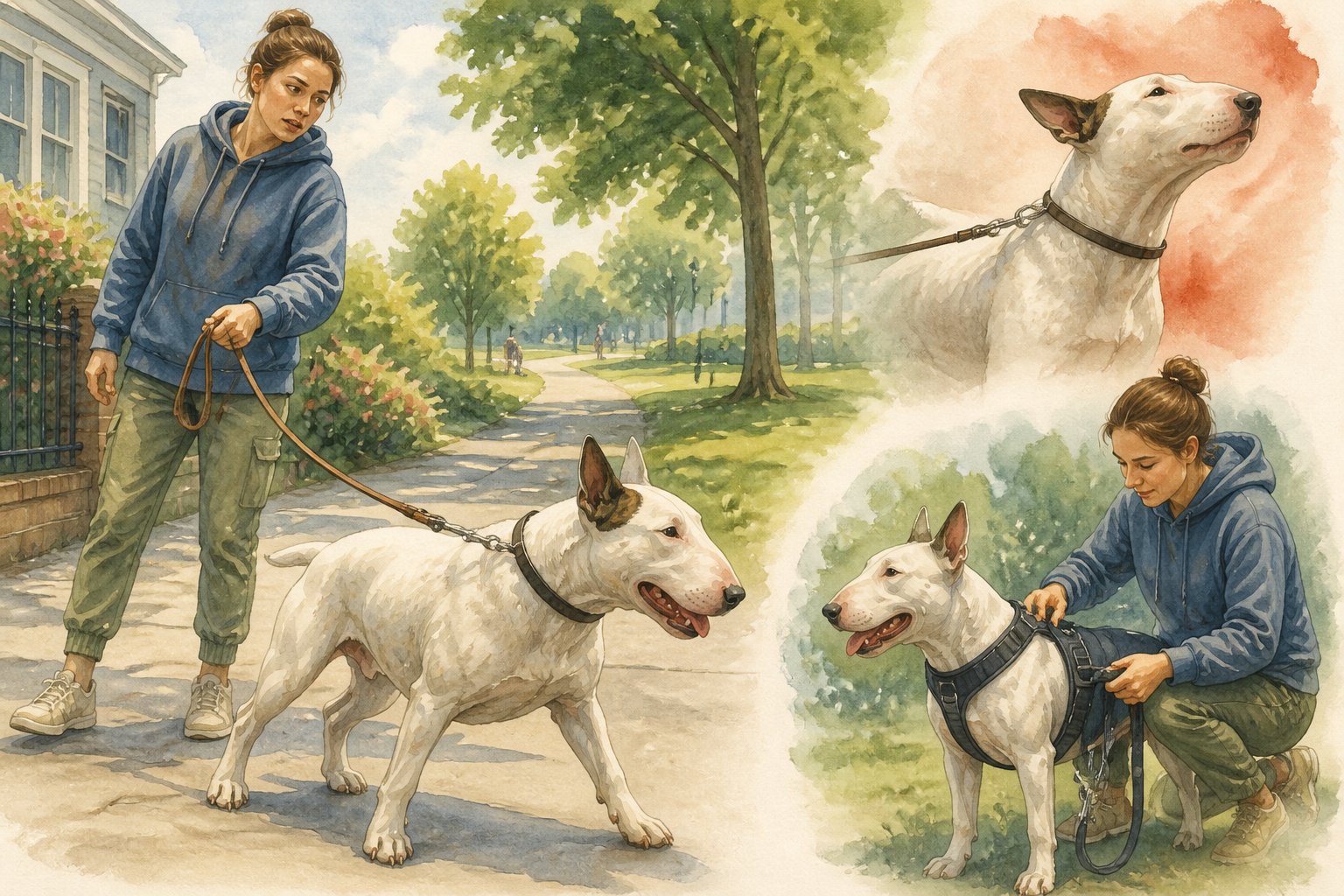 A handler prepares to secure a muscular Bull Terrier with a harness and lead on a park sidewalk.