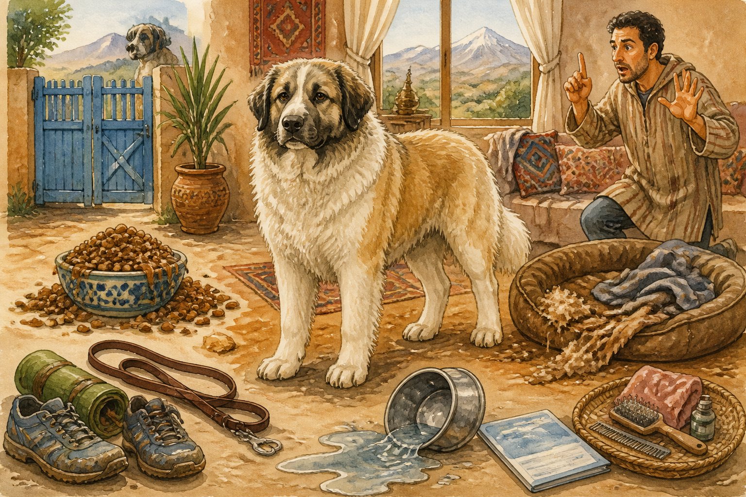 An Aidi dog stands in a home surrounded by objects symbolizing common owner care mistakes.