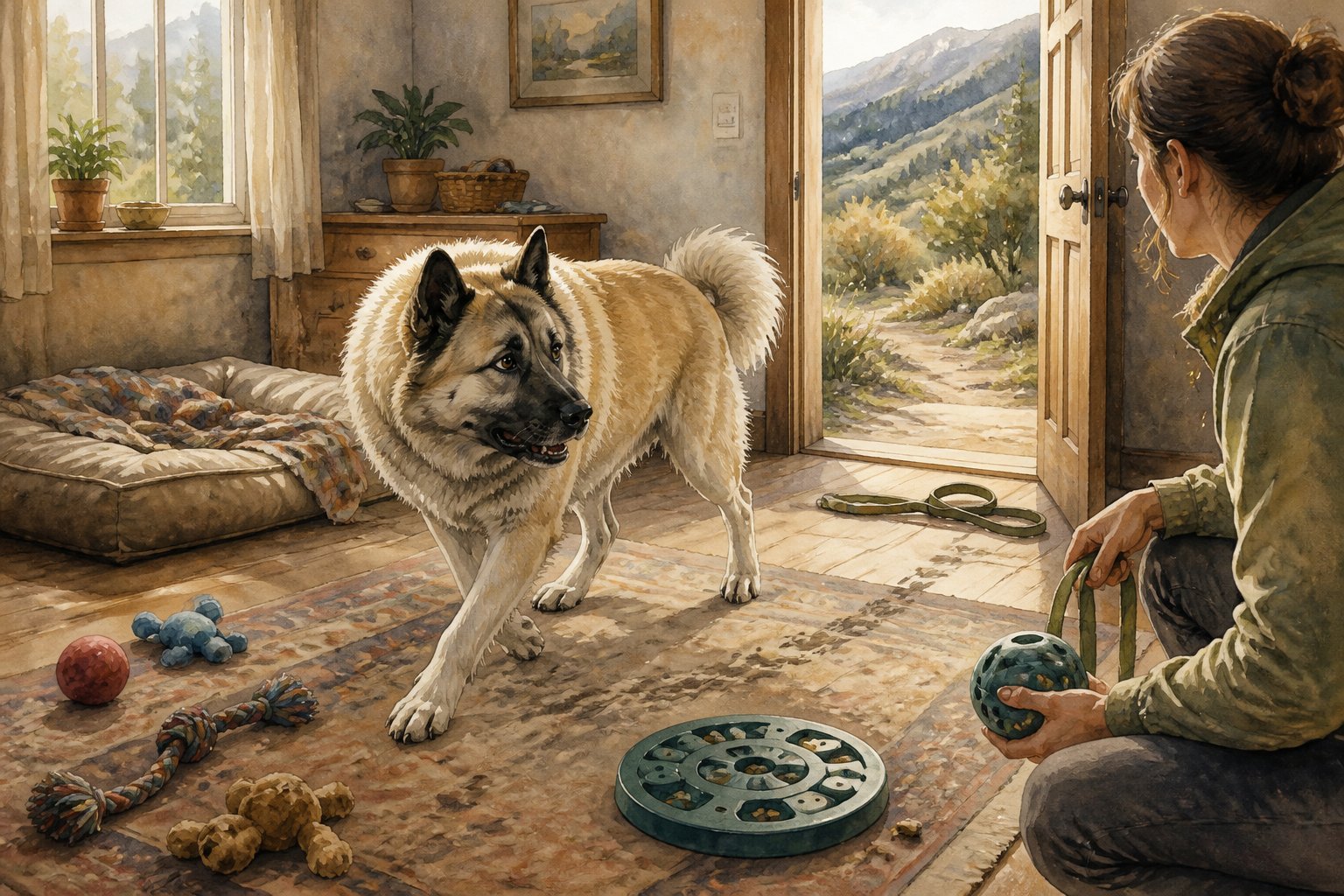 An alert Aidi dog paces restlessly indoors beside unused toys and a leash while its owner prepares an outdoor activity.