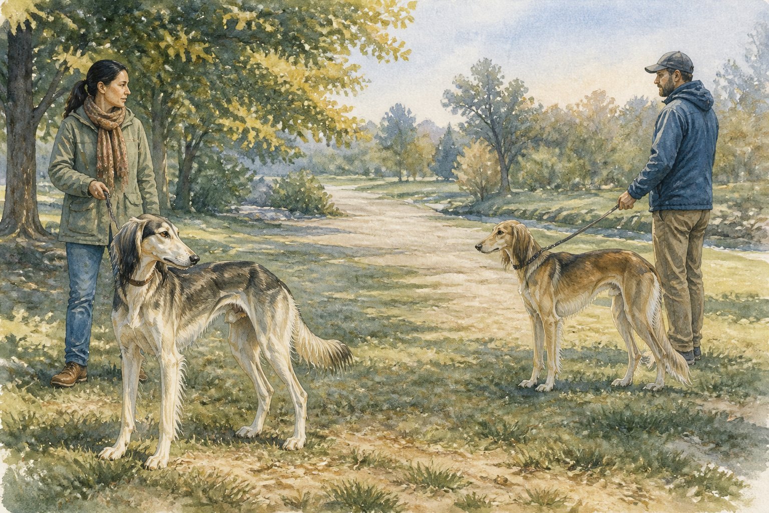 Two leashed dogs show mild social tension while their owners calmly create distance in a park.
