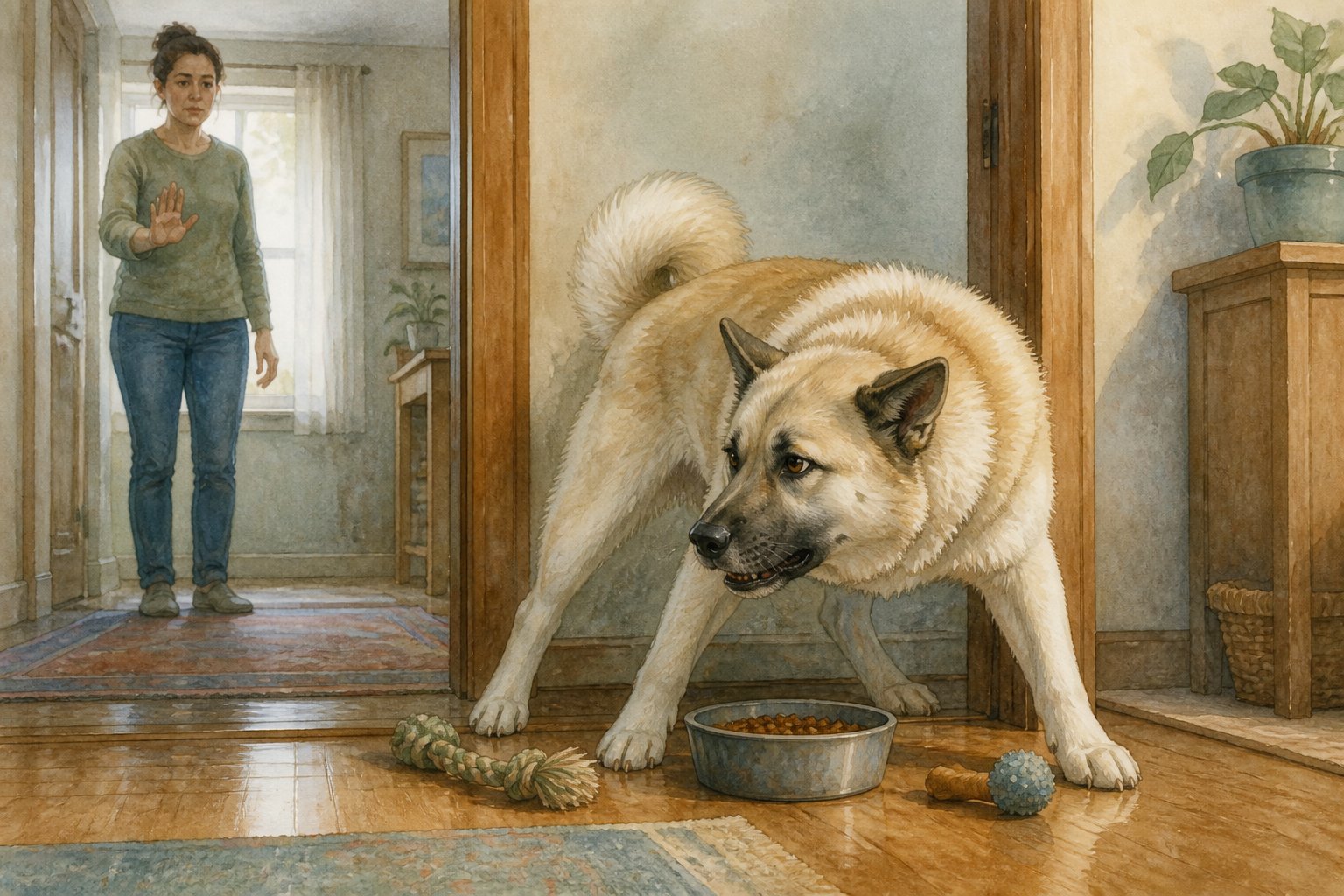 An Aidi dog guards a food bowl and toys near a doorway while a person keeps a careful distance.
