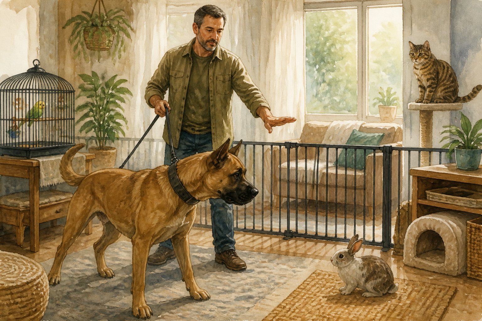 An owner keeps an alert Aidi dog separated from a cautious rabbit, cat, and caged bird inside a home.