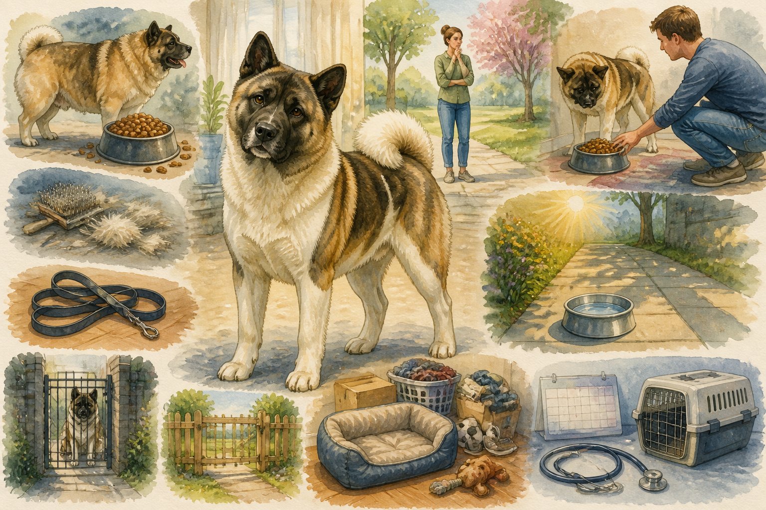 An American Akita stands at the center of a home and park scene surrounded by visual reminders of common pet-care mistakes.