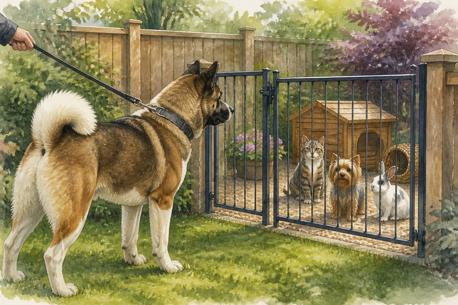 An American Akita stands near a secured area where a cat, rabbit, and small dog are safely separated.