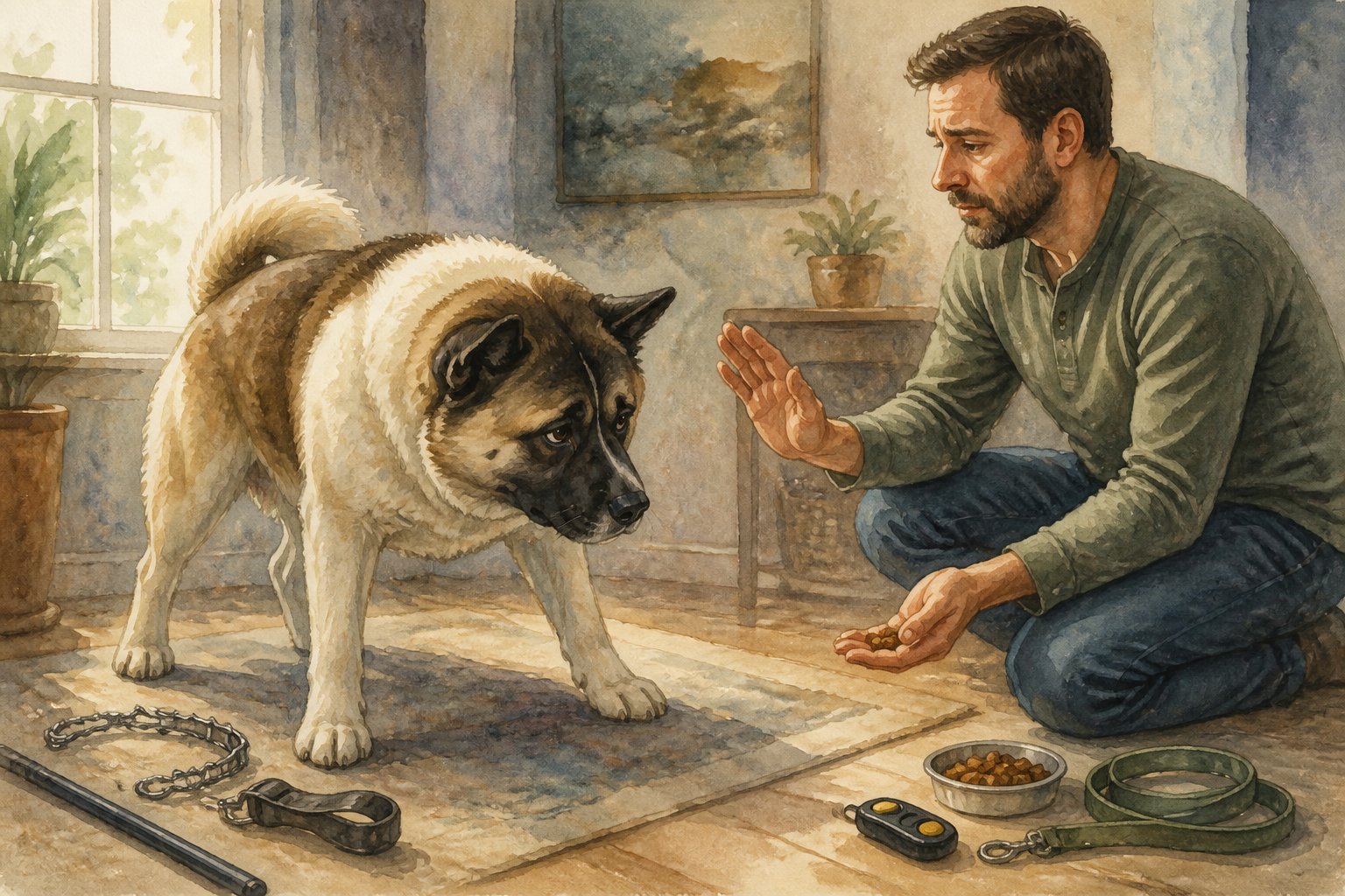An American Akita looks uneasy near a remorseful owner, with harsh training tools set aside and treats offered as a gentler alternative.