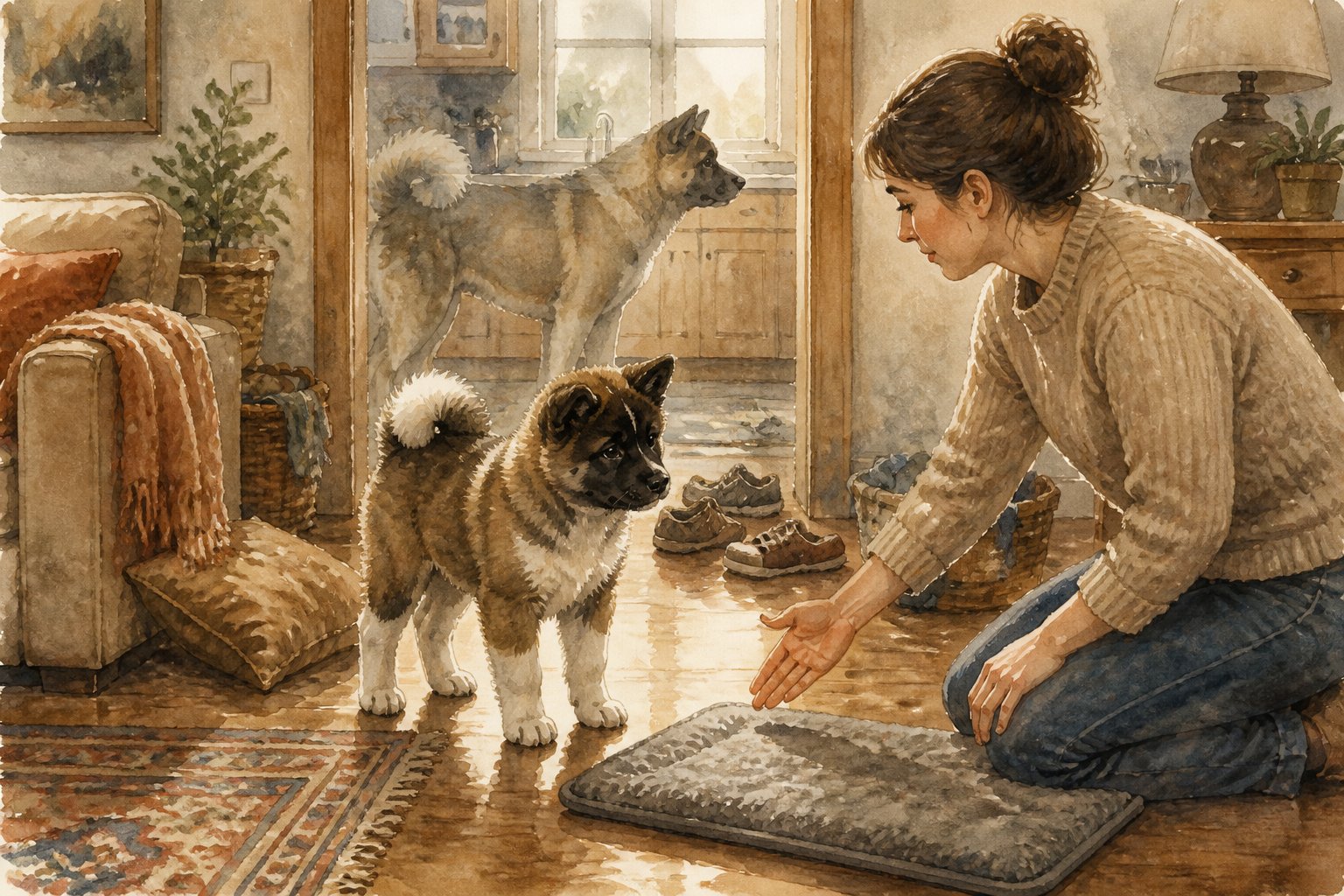 An owner gently teaches an American Akita puppy household boundaries in a family home.