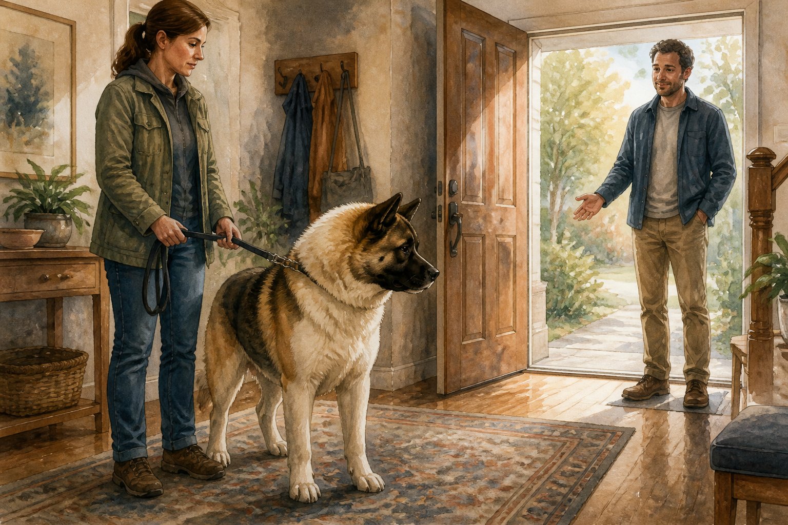 An American Akita stands beside its owner while a visitor keeps a respectful distance in a home entryway.