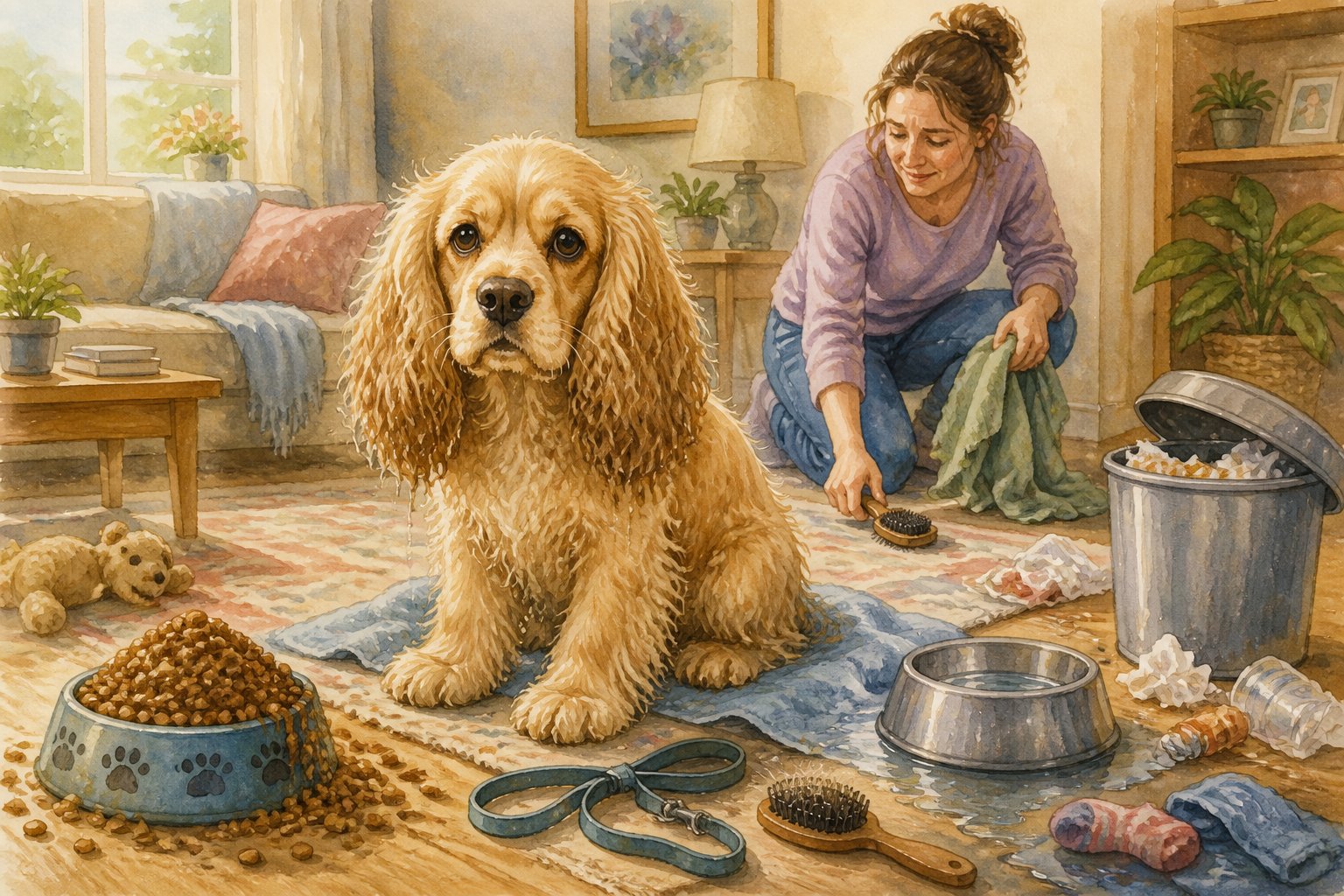 An American Cocker Spaniel sits in a home beside several pet-care mishaps while its owner begins to tidy and help.