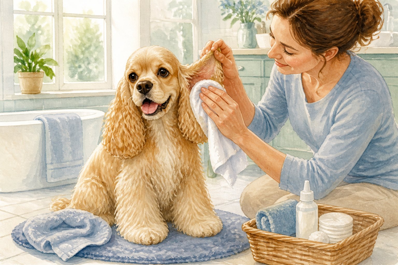 An owner gently dries an American Cocker Spaniel’s ears after a bath.