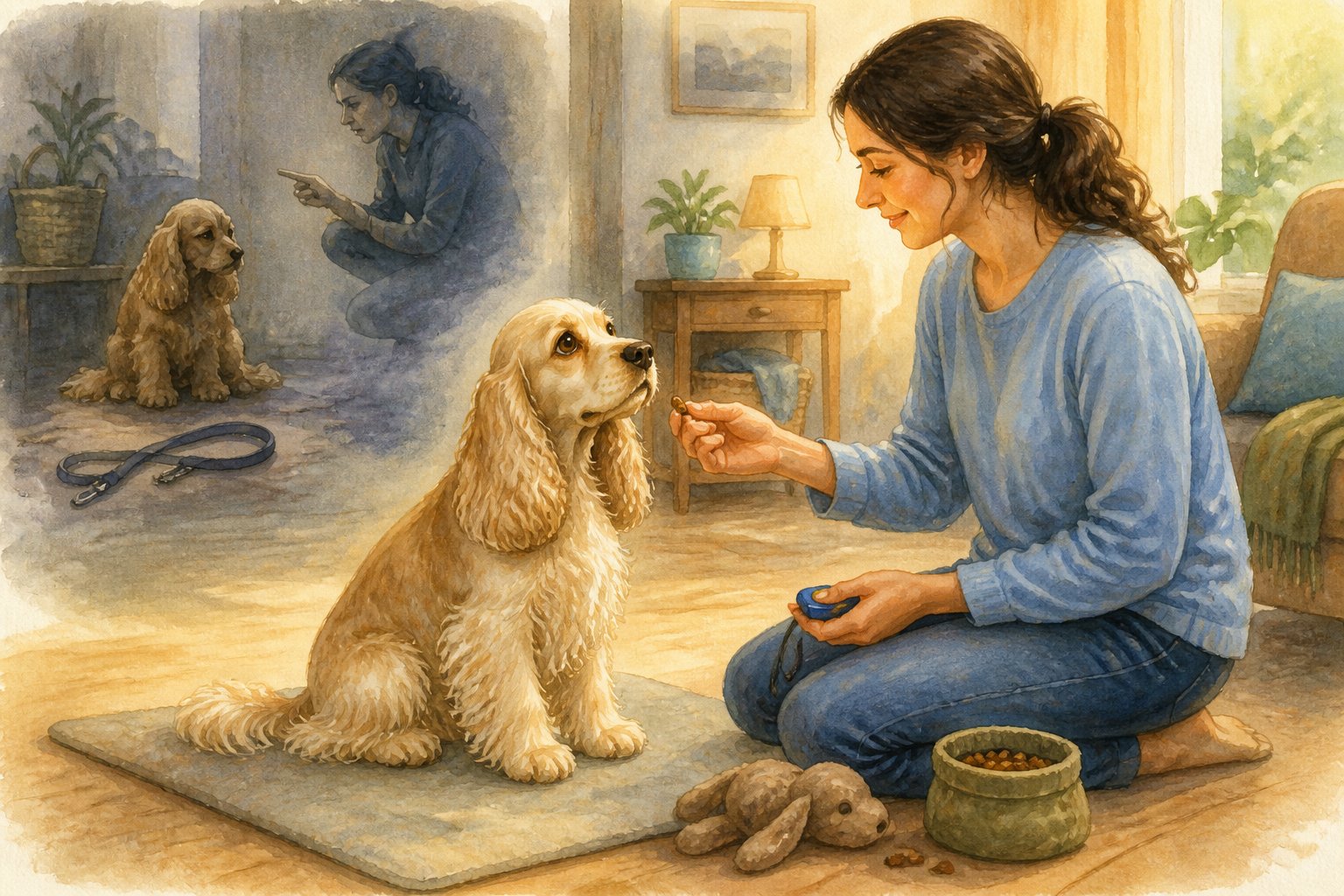 An American Cocker Spaniel sits attentively while its owner offers a treat during gentle training.