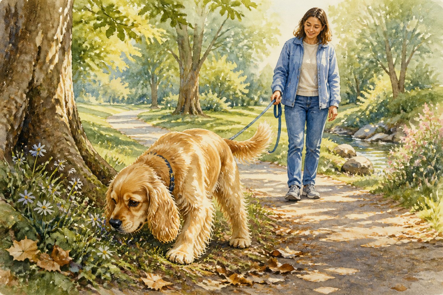 An American Cocker Spaniel explores a leafy park path while its owner patiently allows time for sniffing.