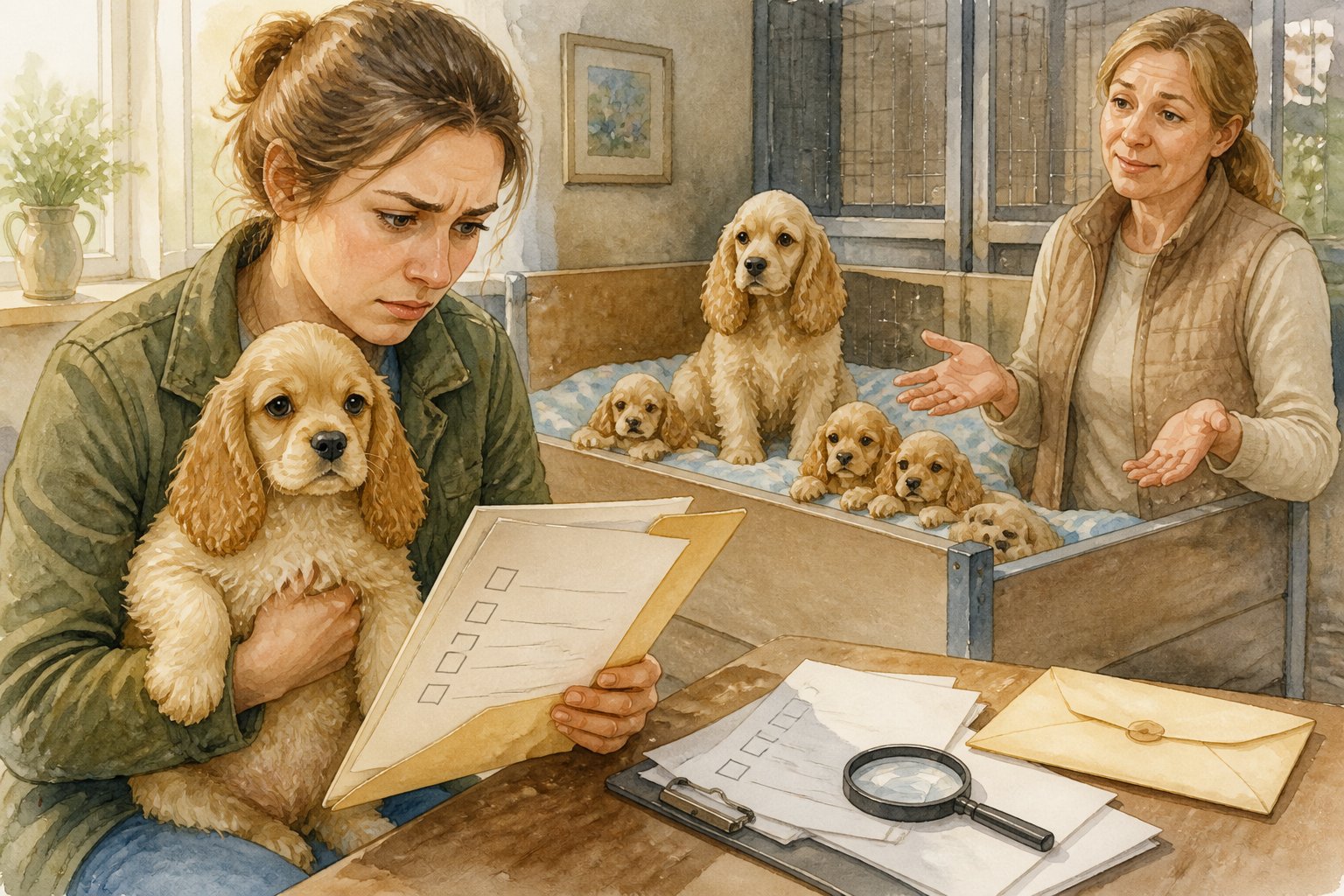 A prospective owner examines an American Cocker Spaniel puppy beside incomplete health records while a breeder stands nearby.